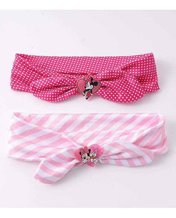Babyhug Disney Free Size Headbands With Minnie Mouse Bow Applique Polka Dots & Striped Prints Pack of 2 - Fuchsia & Pink