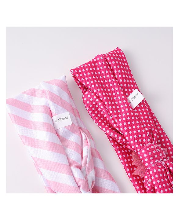 Babyhug Disney Free Size Headbands With Minnie Mouse Bow Applique Polka Dots & Striped Prints Pack of 2 - Fuchsia & Pink