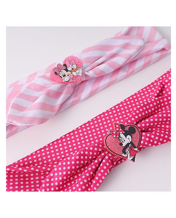 Babyhug Disney Free Size Headbands With Minnie Mouse Bow Applique Polka Dots & Striped Prints Pack of 2 - Fuchsia & Pink