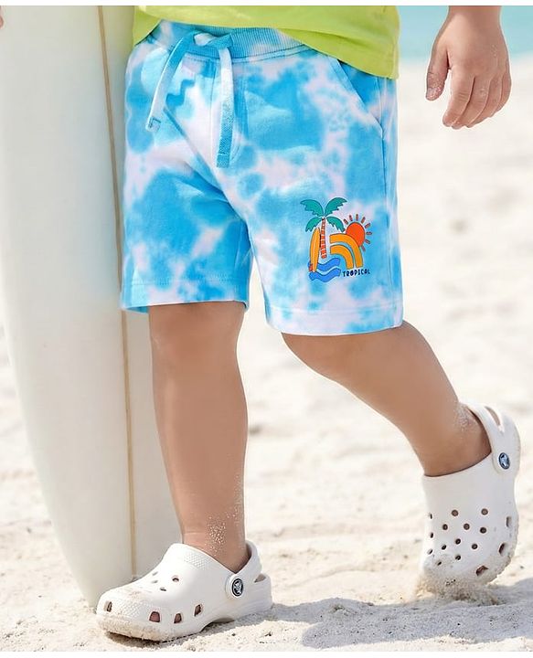 Babyhug Cotton Knit Shorts With Tropical & Tie & Dye Print - Light Blue & White