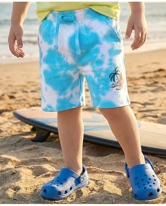 Babyhug Cotton Looper Knit Tie & Dye Shorts with Beach Theme Print - Light Blue