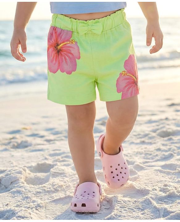 Babyhug Single Jersey Knit Shorts with Floral Print & Bow Applique - Light Green