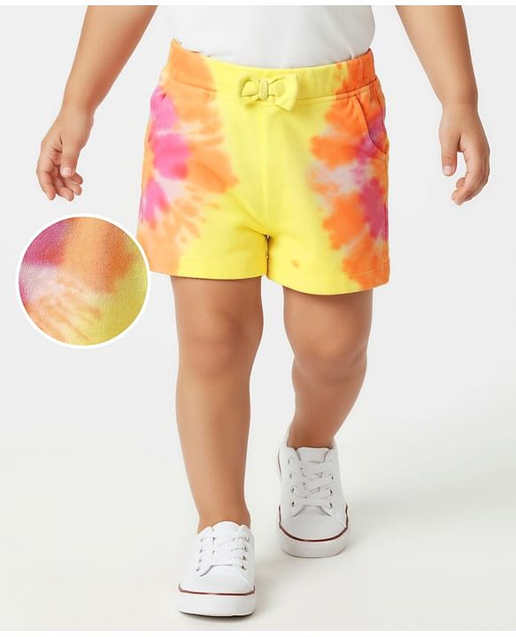 Babyhug Cotton Knit  Shorts with Tie & Dye & Bow Applique - Yellow