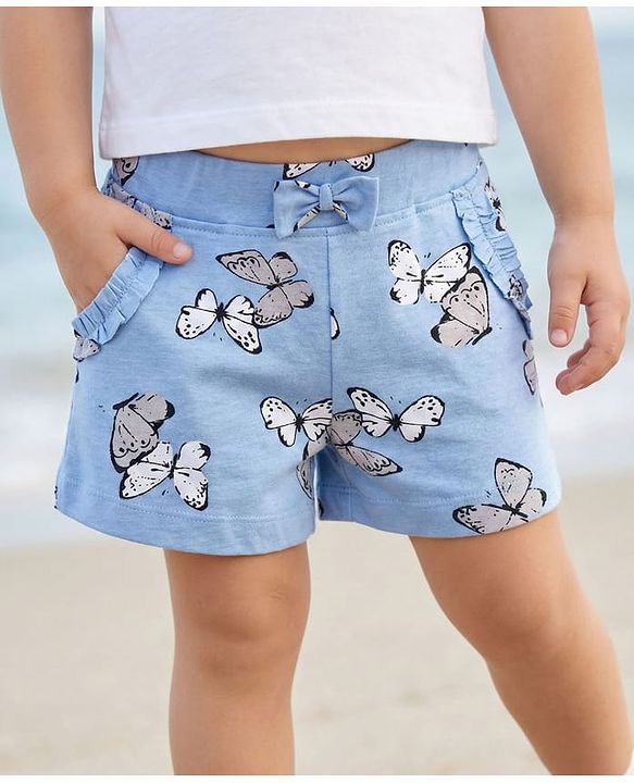 Babyhug Cotton Knit Shorts With Butterfly Print - Light Blue