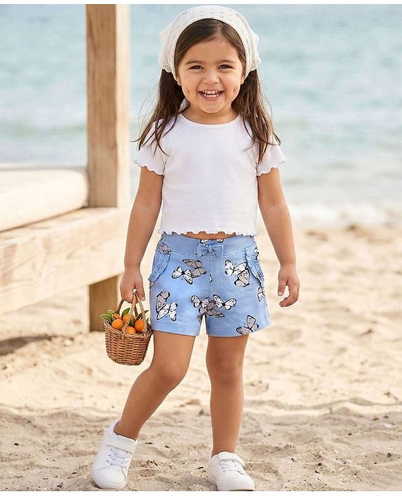 Babyhug Cotton Knit Shorts With Butterfly Print - Light Blue