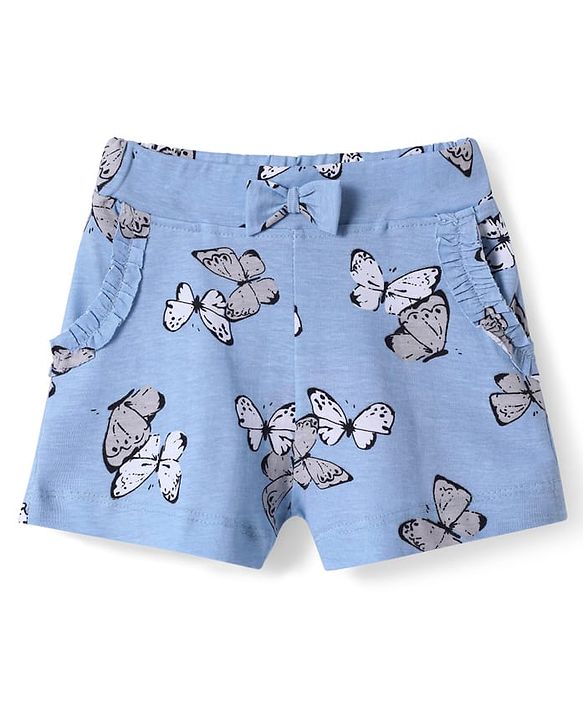 Babyhug Cotton Knit Shorts With Butterfly Print - Light Blue