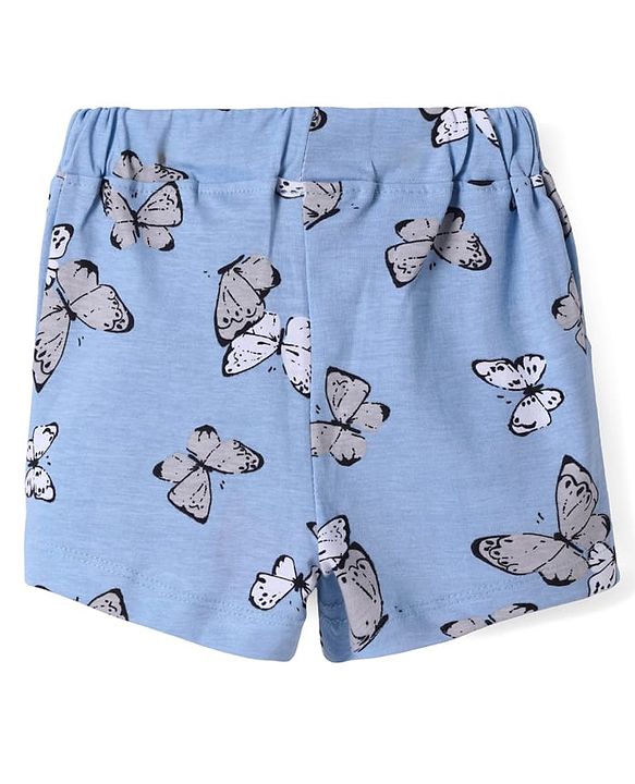 Babyhug Cotton Knit Shorts With Butterfly Print - Light Blue