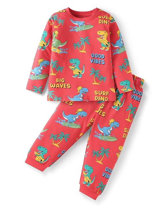Babyhug Cotton Knit Full Sleeves Night Suit With Dino Print - Red