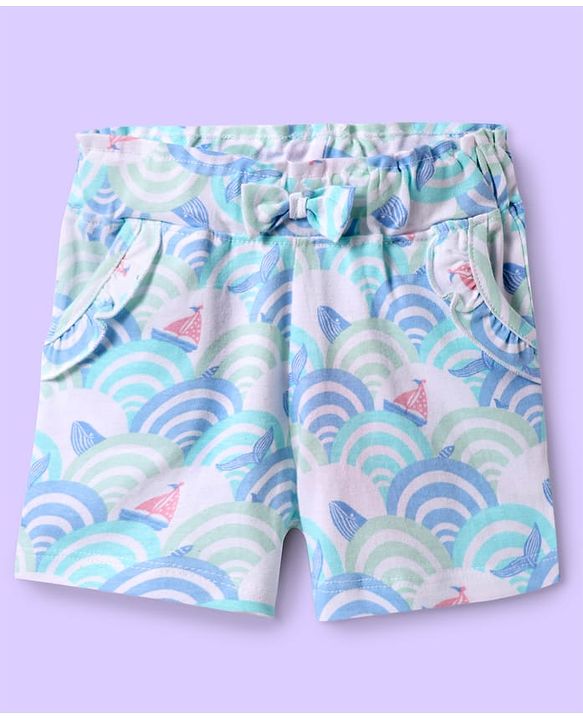 Babyhug Cotton Knit Mid Thigh Shorts with Beach Theme Print with Bow Applique - Light Blue