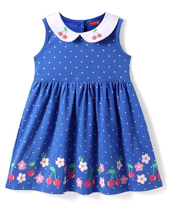 Babyhug Cotton Knit Sleeveless Peter Pan Collared Frock with Polka Dots & Cherry Print - Blue