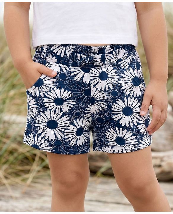 Babyhug Cotton Knit Shorts With Bow Applique Floral Print - Navy Blue