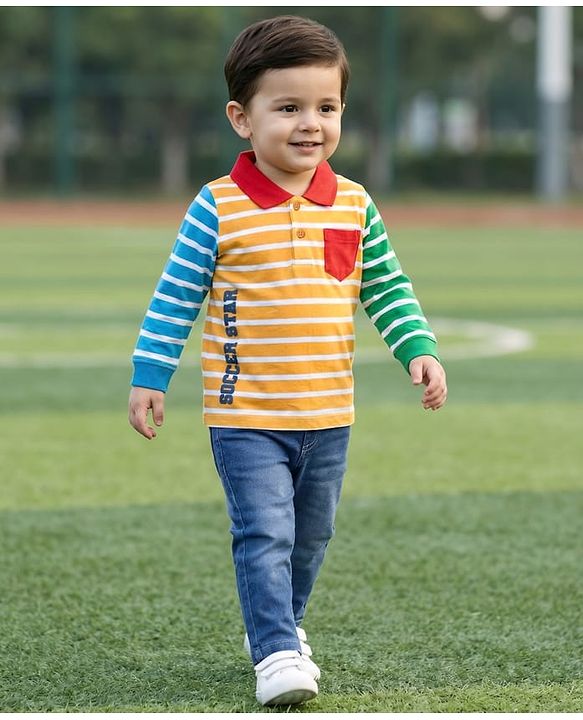 Babyhug Single Jersey Full Sleeves Stripes T-Shirt & Jeans - Blue Green & Yellow