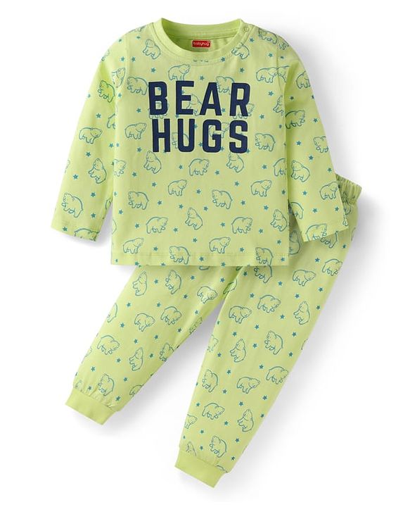 Babyhug Cotton Knit Full Sleeves Night Suit With Teddy Bear Print - Light Green