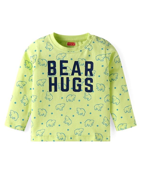 Babyhug Cotton Knit Full Sleeves Night Suit With Teddy Bear Print - Light Green