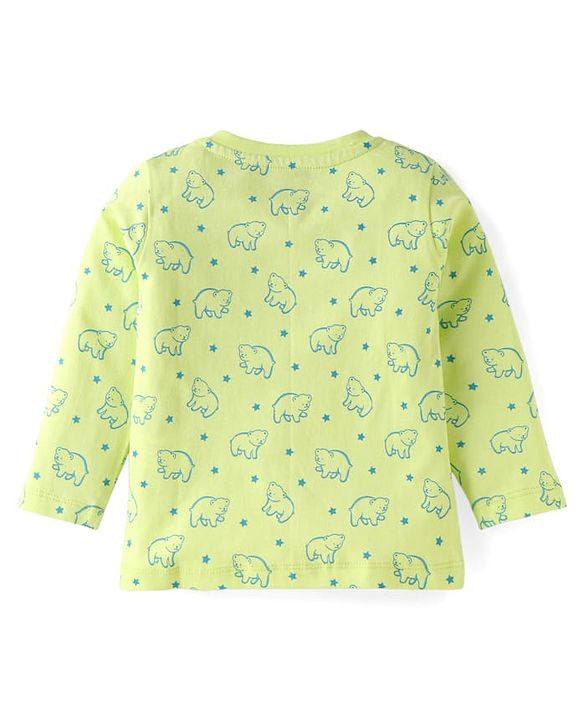 Babyhug Cotton Knit Full Sleeves Night Suit With Teddy Bear Print - Light Green