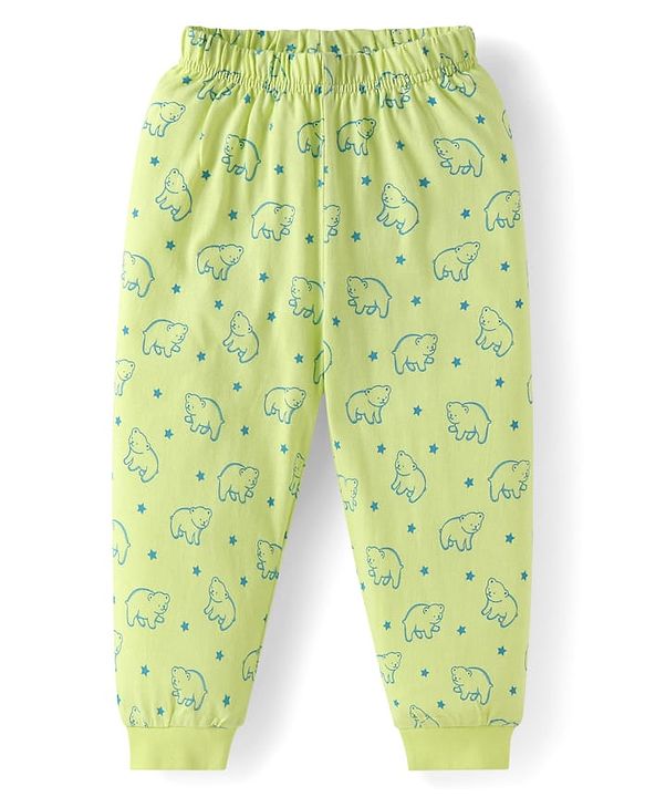 Babyhug Cotton Knit Full Sleeves Night Suit With Teddy Bear Print - Light Green
