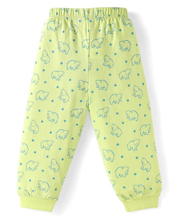 Babyhug Cotton Knit Full Sleeves Night Suit With Teddy Bear Print - Light Green