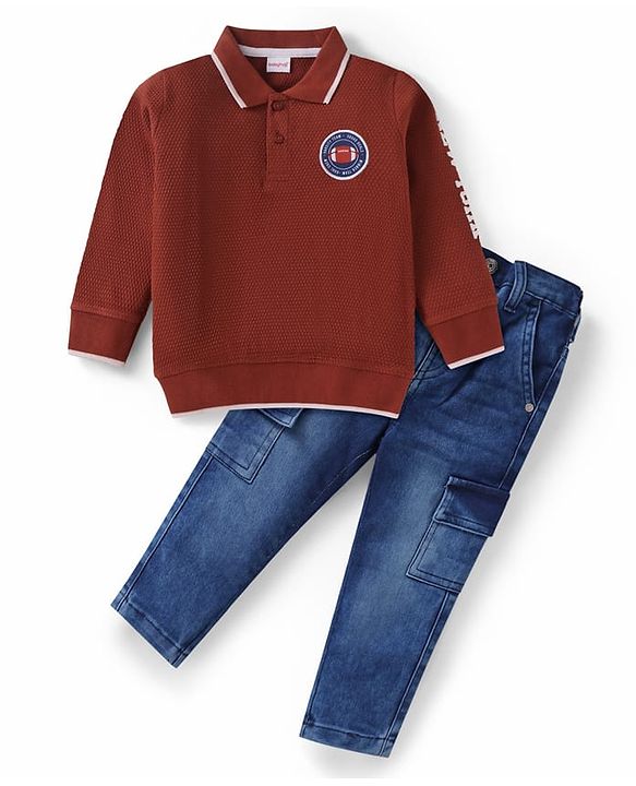Babyhug Terry Knit Full Sleeves Polo T-Shirt & Denim Jeans Set with Text Print & Patch Detailing - Maroon & Blue