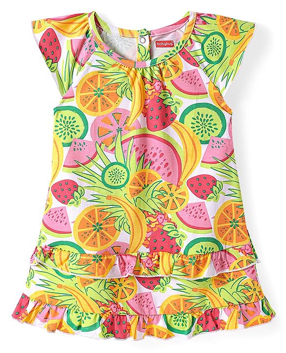 Babyhug Cotton Knit Sleeveless Frock with Fruits Print - Light Green & Yellow