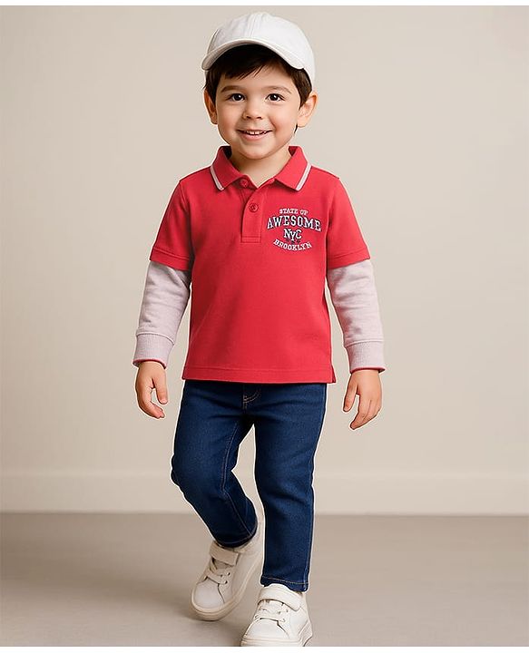 Babyhug Single Jersey Knit Full Doctor Sleeves T-Shirt & Full Length Denim Jeans Set - Red & Blue