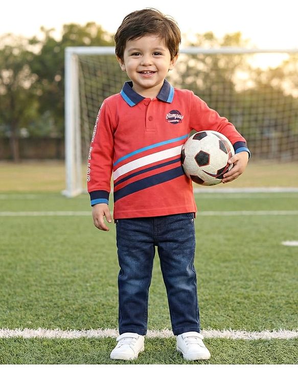 Babyhug Single Jersey Knit Full Sleeves Polo T-Shirt & Denim Jeans Set With Basketball Print - Red & Blue