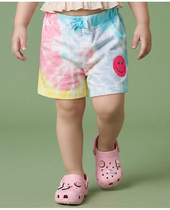 Babyhug Cotton Knit Shorts With Bow Applique Tie & Dye Print - Light Blue