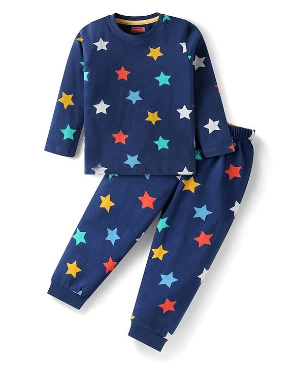 Babyhug Cotton Knit Full Sleeves Night Suit With Star Print - Navy Blue