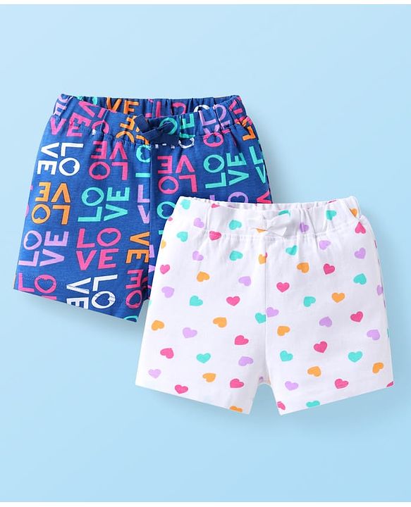 Babyhug Cotton Jersey Shorts with Text & Hearts Print Pack of 2 - White & Blue