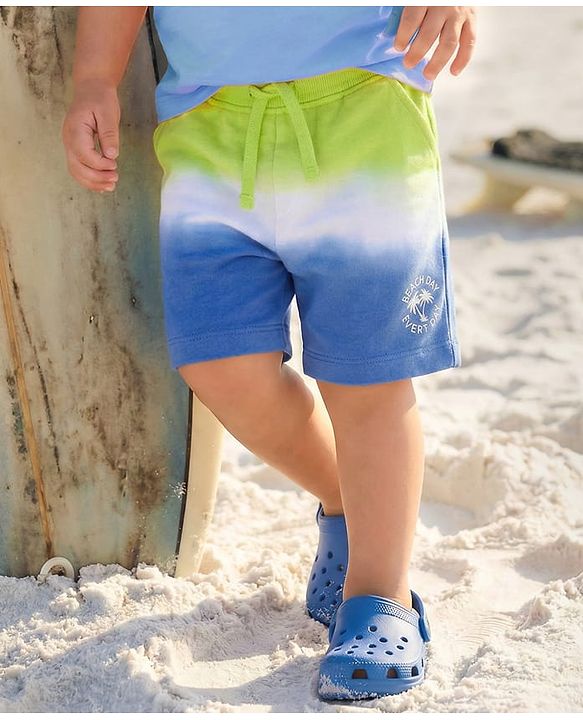 Babyhug Cotton Knit Shorts With Colour Block Design - Green White & Blue