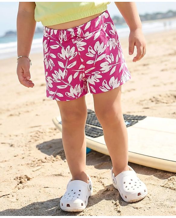 Babyhug Cotton Jersey Knit Leaves Printed Shorts Bow Applique - Fuchsia