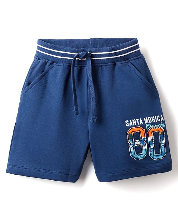 Babyhug Cotton Looper Knit Shorts with Beach Theme Embroidery - Navy Blue