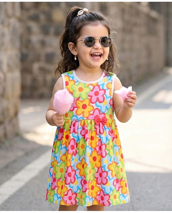 Babyhug Cotton Knit Sleeveless Frock With Floral Print & Bow Applique - White