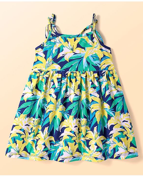 Babyhug Cotton Knit Sleeveless Dress With Tree Print & Bow Applique - Navy Blue & Green
