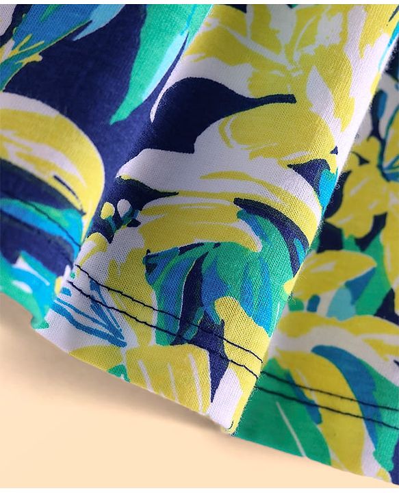 Babyhug Cotton Knit Sleeveless Dress With Tree Print & Bow Applique - Navy Blue & Green