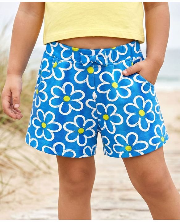 Babyhug Cotton Knit Shorts With Floral Print - Blue