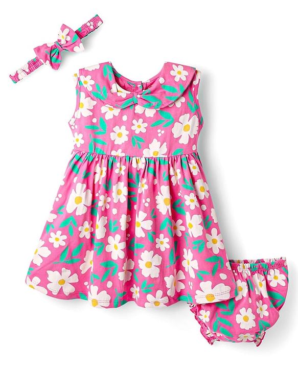 Babyhug Cotton Knit Sleeveless Floral Printed Frock with Bloomer & Headband - Pink