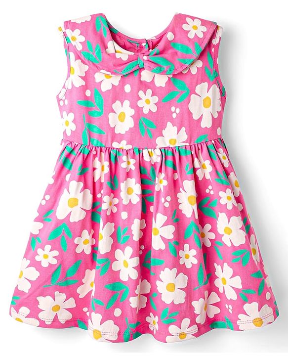 Babyhug Cotton Knit Sleeveless Floral Printed Frock with Bloomer & Headband - Pink