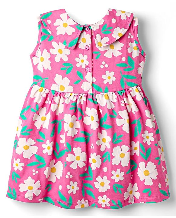 Babyhug Cotton Knit Sleeveless Floral Printed Frock with Bloomer & Headband - Pink