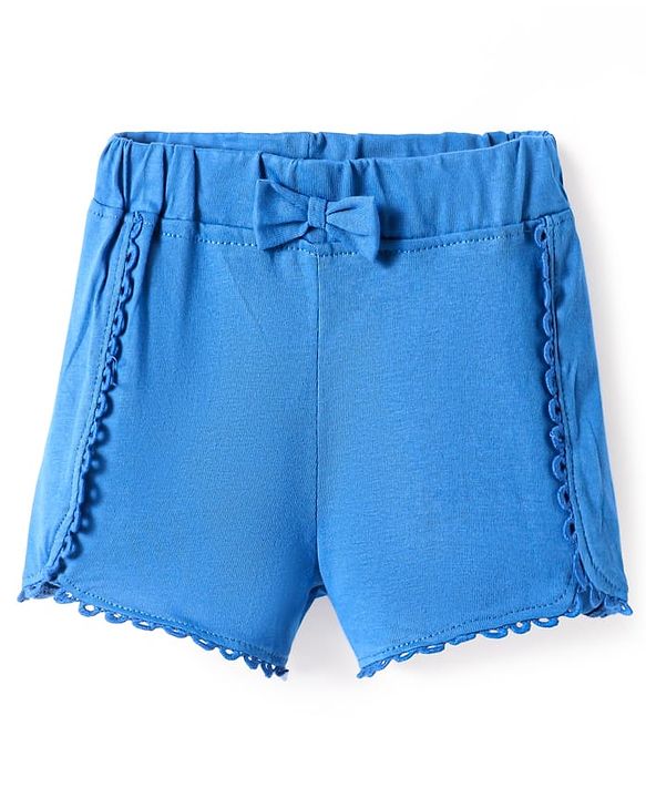 Babyhug Cotton Knit Solid Shorts with Bow Applique & Lace Detailing - Blue