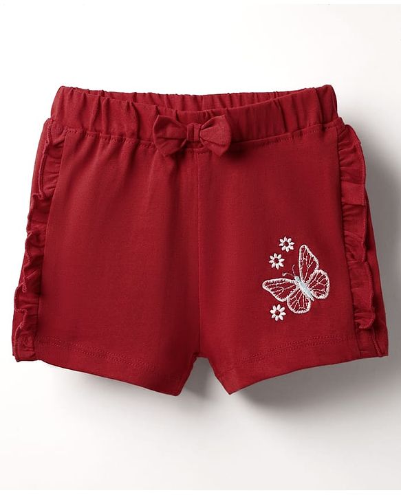 Babyhug Cotton Knit Shorts With Butterfly Embroidery & Bow Applique - Red