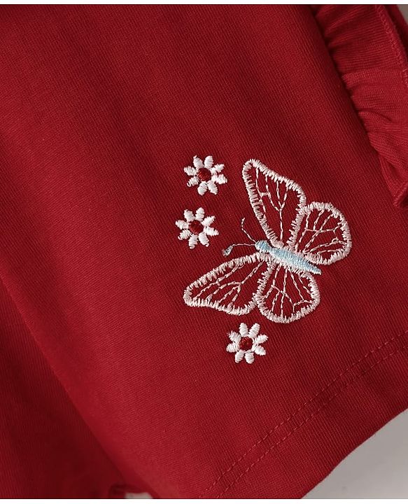 Babyhug Cotton Knit Shorts With Butterfly Embroidery & Bow Applique - Red