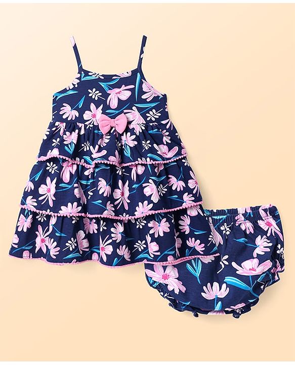 Babyhug Cotton Knit Singlet Frock & Blooomer with Floral Print Bow Applique - Navy Blue