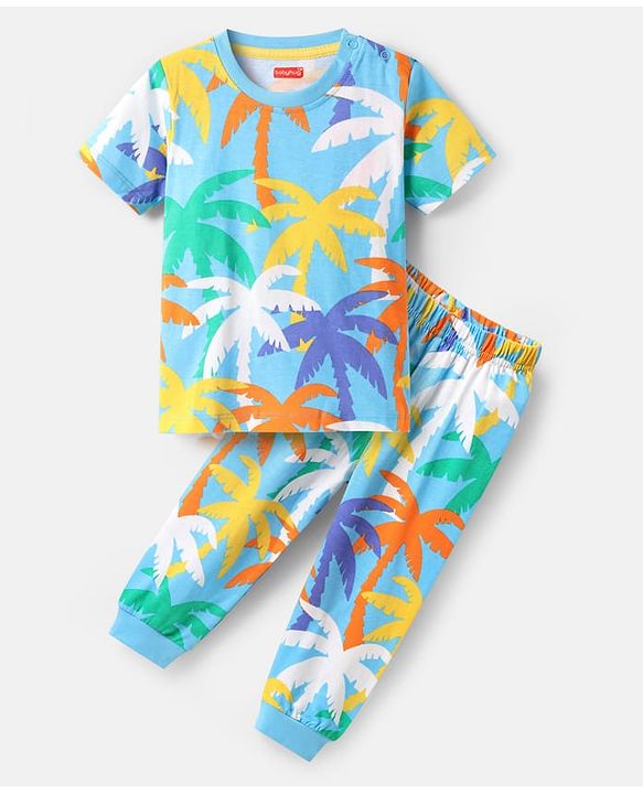 Babyhug Cotton Knit Half Sleeves Co-ords Night Suit with Coconut Tree Print - Light Blue