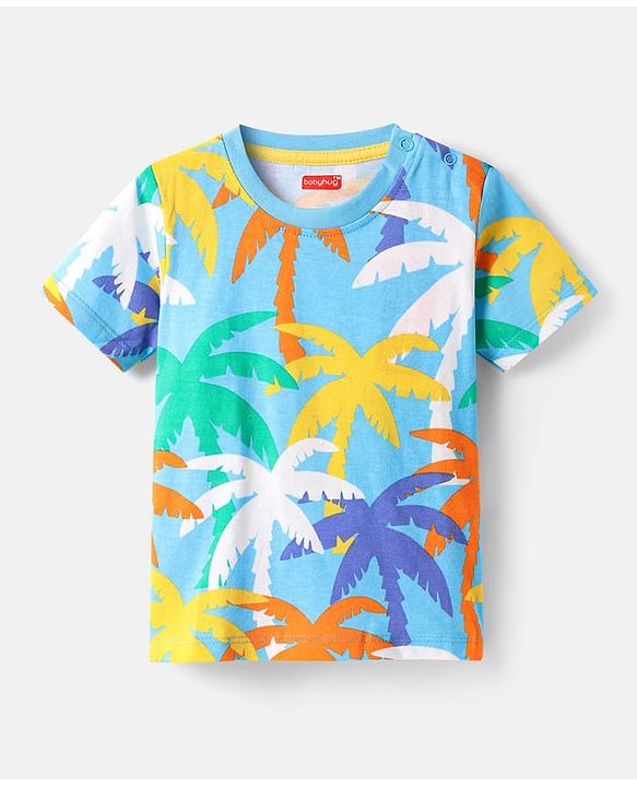 Babyhug Cotton Knit Half Sleeves Co-ords Night Suit with Coconut Tree Print - Light Blue