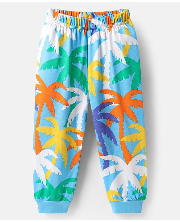 Babyhug Cotton Knit Half Sleeves Co-ords Night Suit with Coconut Tree Print - Light Blue