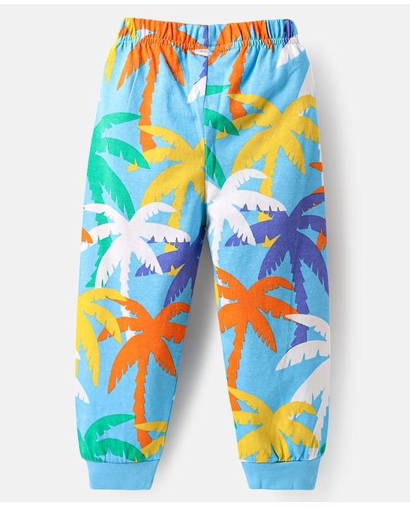 Babyhug Cotton Knit Half Sleeves Co-ords Night Suit with Coconut Tree Print - Light Blue