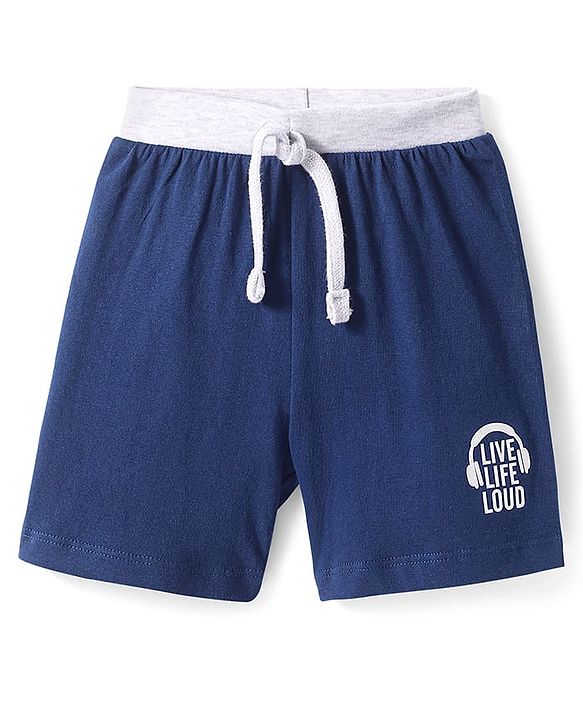 Babyhug Single Jersey Knit Shorts with Live Life Loud Text Print - Navy Blue