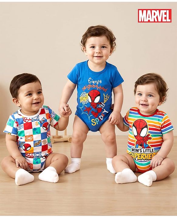 Babyhug Marvel Interlock Knit Half Sleeves Onesies with Spiderman Graphics Pack of 3 - Multicolor