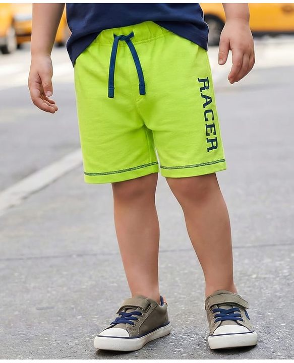 Babyhug Single Jersey Knit Shorts with Racer Text Print - Neon Green
