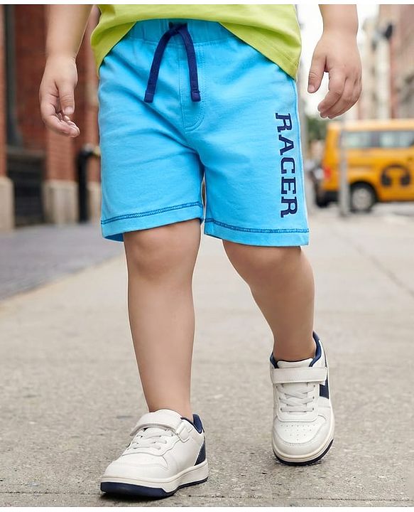 Babyhug Cotton Knit Text Printed Shorts - Light Blue